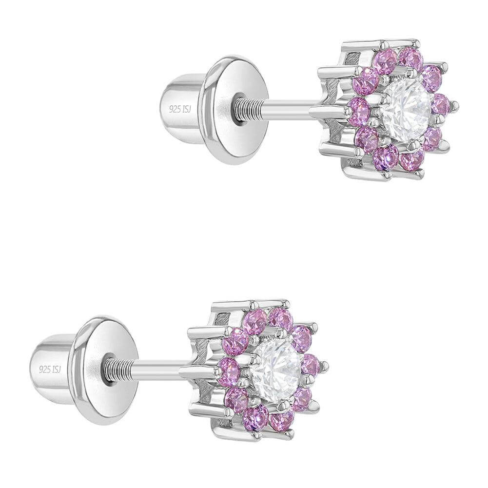 Pink & Clear CZ Flower Kids / Children's / Girls Earrings Screw Back - Sterling Silver - Trendolla Jewelry