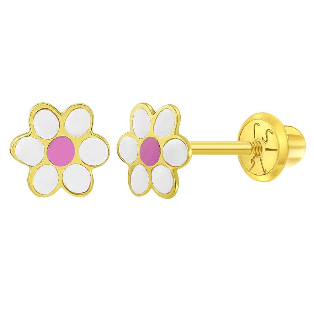 Pink Flower Baby / Toddler / Kids Earrings Safety Screw Back Enamel - 14k Gold Plated - Trendolla Jewelry