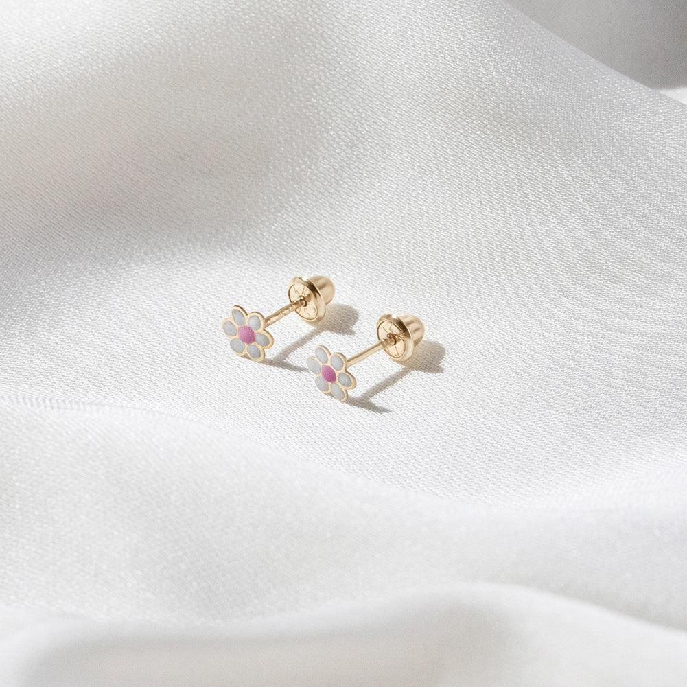 Pink Flower Baby / Toddler / Kids Earrings Safety Screw Back Enamel - 14k Gold Plated - Trendolla Jewelry