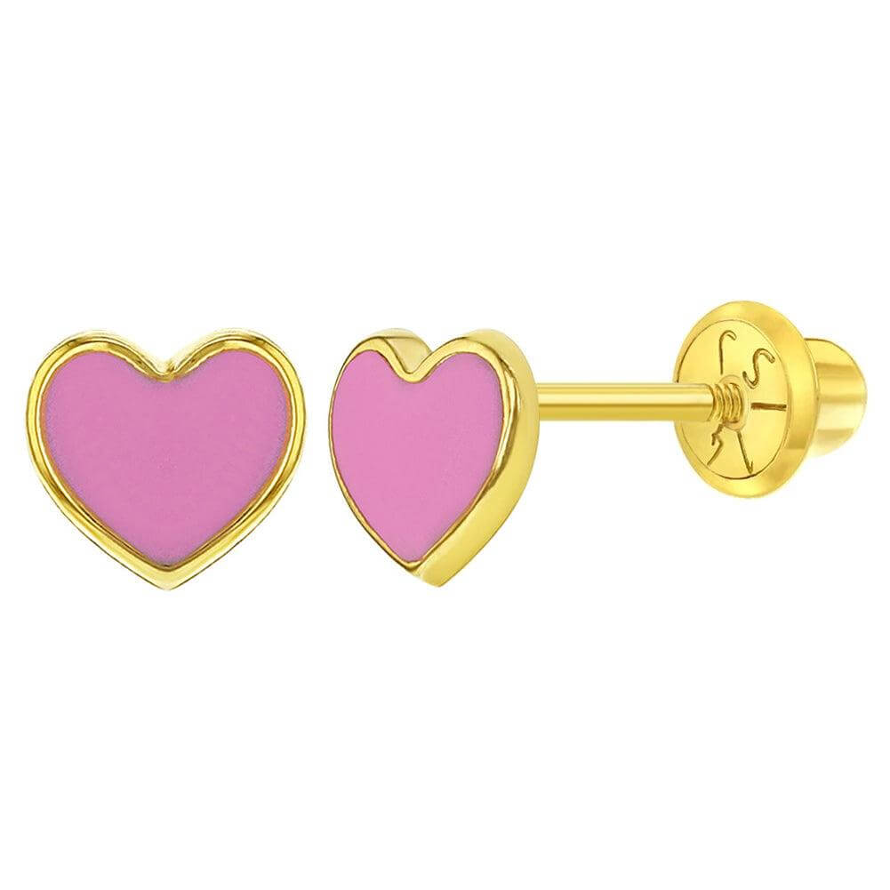 Pink Heart Baby / Toddler / Kids Earrings Safety Screw Back Enamel - 14k Gold Plated - Trendolla Jewelry