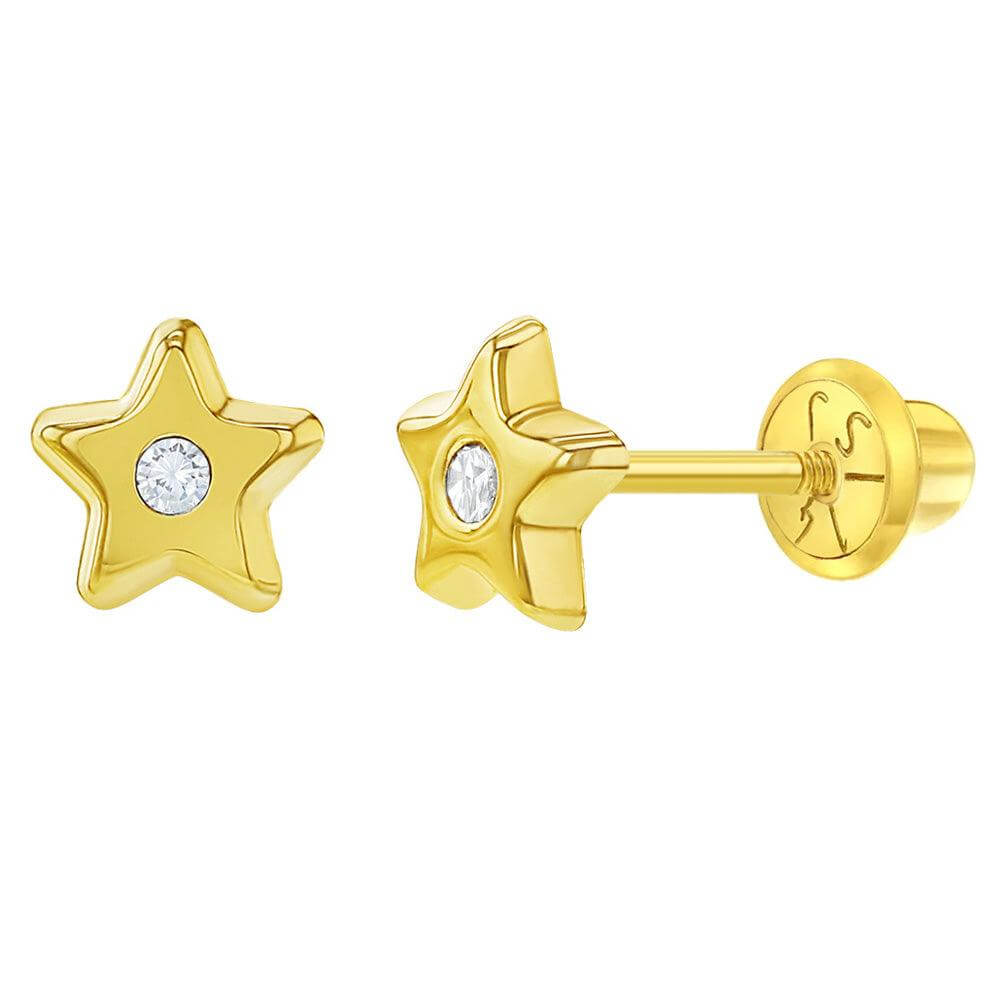 Polished CZ Star Baby / Toddler / Kids Earrings Safety Screw Back - 14k Gold Plated - Trendolla Jewelry