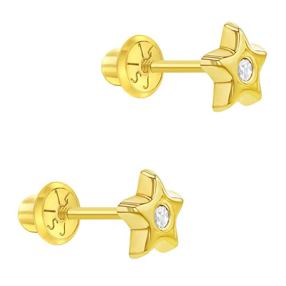 Polished CZ Star Baby / Toddler / Kids Earrings Safety Screw Back - 14k Gold Plated - Trendolla Jewelry
