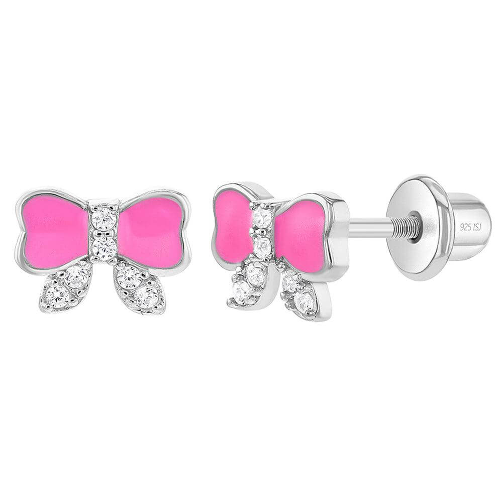 Pretty in Pink Bow Baby / Toddler / Kids Earrings Screw Back Enamel - Sterling Silver - Trendolla Jewelry