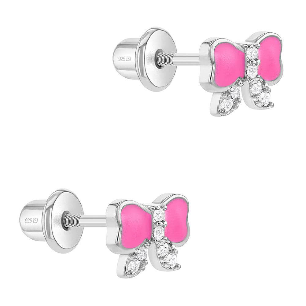 Pretty in Pink Bow Baby / Toddler / Kids Earrings Screw Back Enamel - Sterling Silver - Trendolla Jewelry