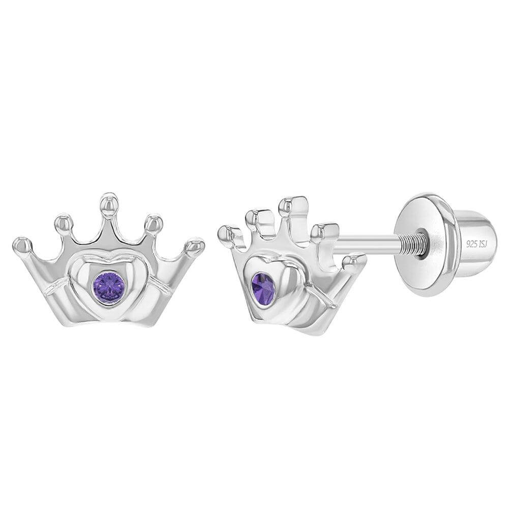 Princess CZ Crown Baby / Toddler / Kids Earrings Screw Back - Sterling Silver - Trendolla Jewelry