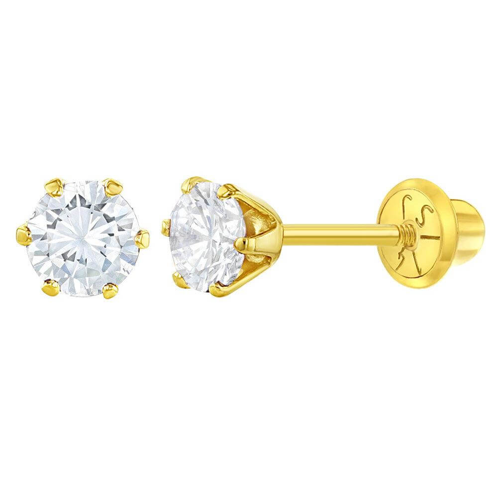 Radiant Prong Set CZ 4mm Baby / Toddler / Kids Earrings Safety Screw Back - 14k Gold Plated - Trendolla Jewelry