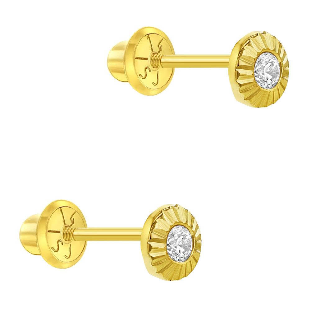 Radiant Setting CZ Baby / Toddler / Kids Earrings Safety Screw Back - 14k Gold Plated - Trendolla Jewelry
