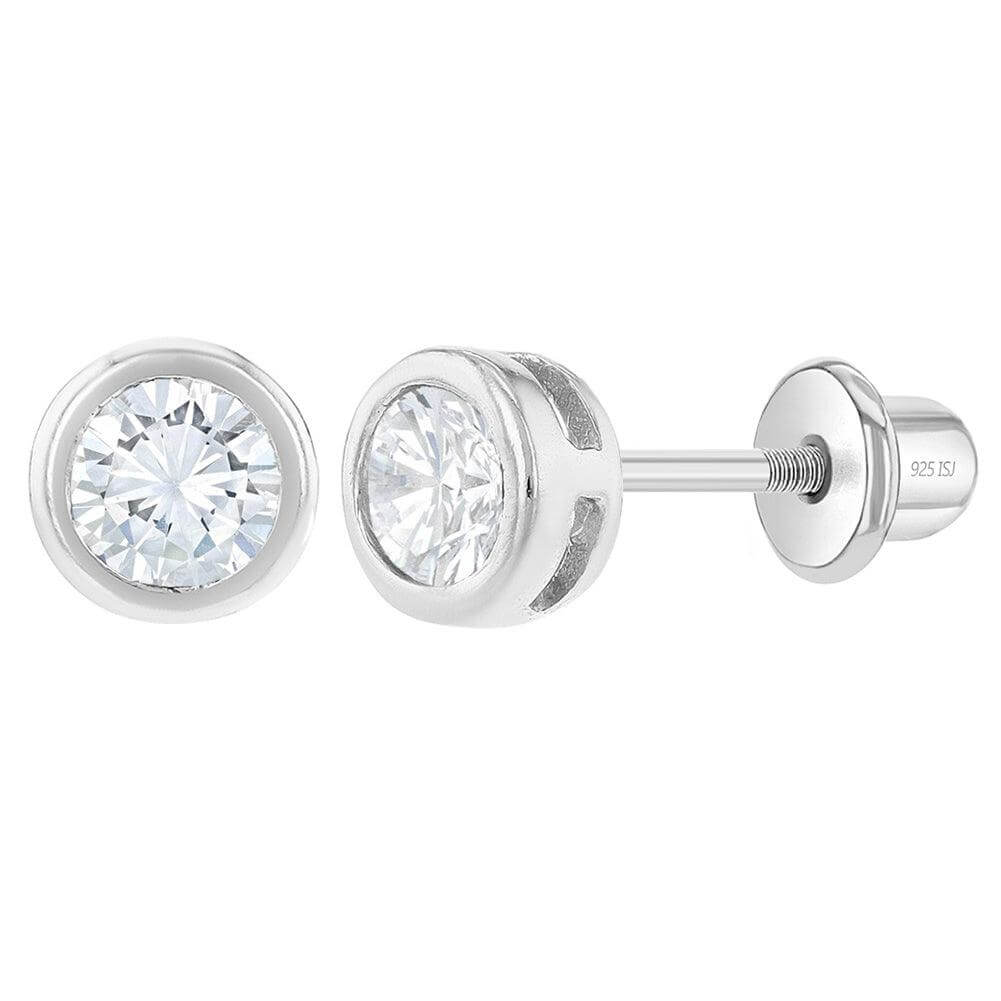 Round Bezel CZ 5mm Baby / Toddler / Kids Earrings Screw Back - Sterling Silver - Trendolla Jewelry
