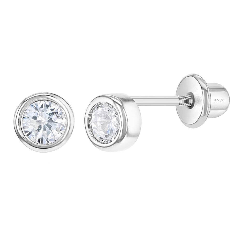 Round Low Set Bezel CZ 4mm Baby / Toddler / Kids Earrings Screw Back - Sterling Silver - Trendolla Jewelry