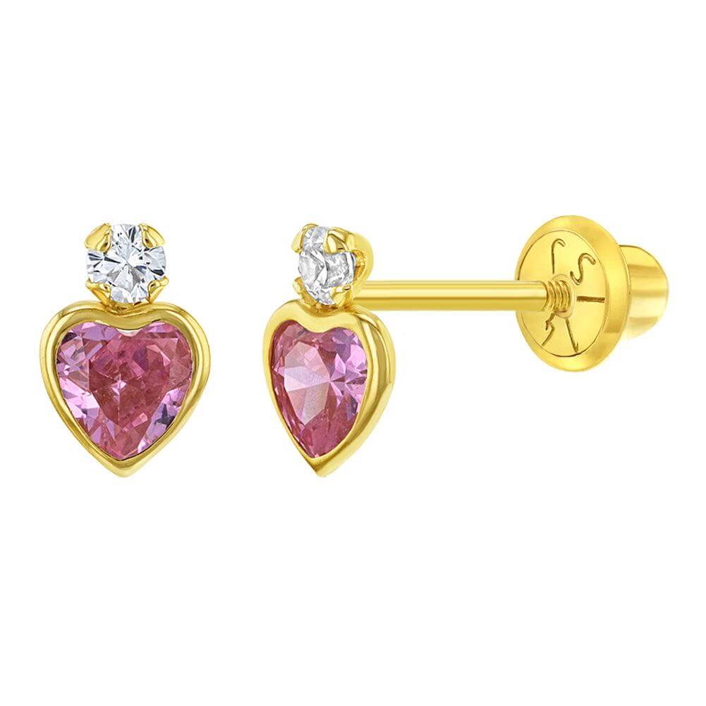 Royal Heart CZ Kids / Children's / Girls Earrings Safety Screw Back - 14k Gold Plated - Trendolla Jewelry