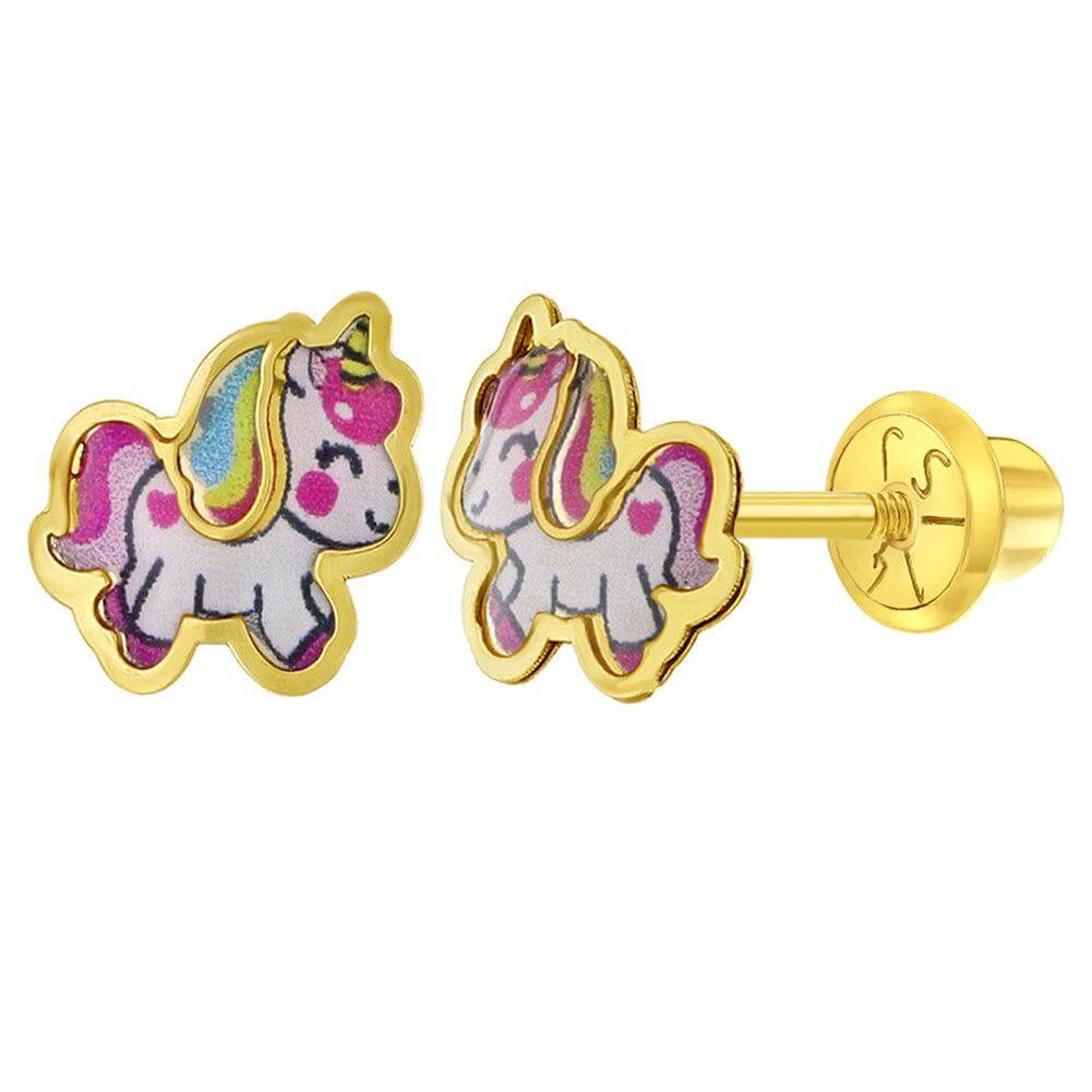 Simply Unicorn Baby / Toddler / Kids Earrings Safety Screw Back Enamel - 14k Gold - Trendolla Jewelry