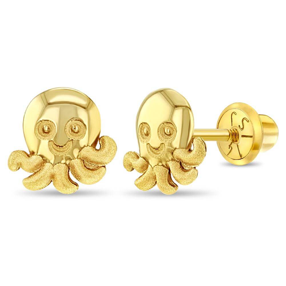 Smiling Octopus Toddler / Kids / Girls Earrings Safety Screw Back - 14k Gold Plated - Trendolla Jewelry