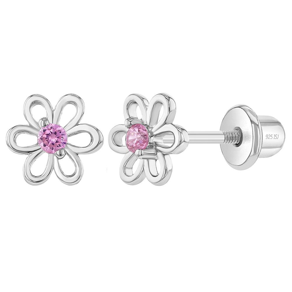Spring Cubic Zirconia Flower Baby / Toddler / Kids Earrings Screw Back - Sterling Silver - Trendolla Jewelry
