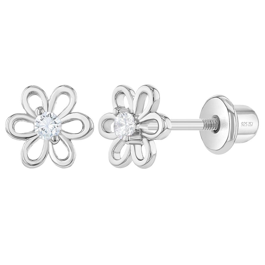 Spring Cubic Zirconia Flower Baby / Toddler / Kids Earrings Screw Back - Sterling Silver - Trendolla Jewelry
