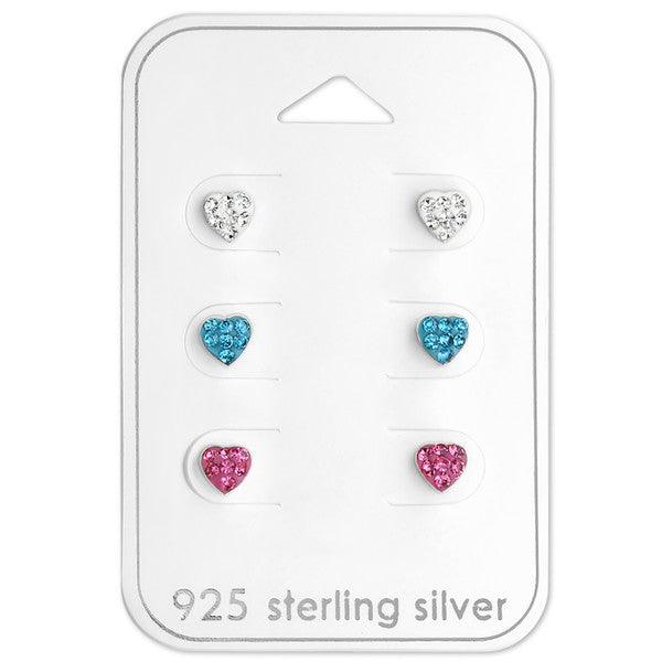 Sterling Silver 3 Bright Heart Baby Children Screw Back Earrings Gift Pack - Trendolla Jewelry