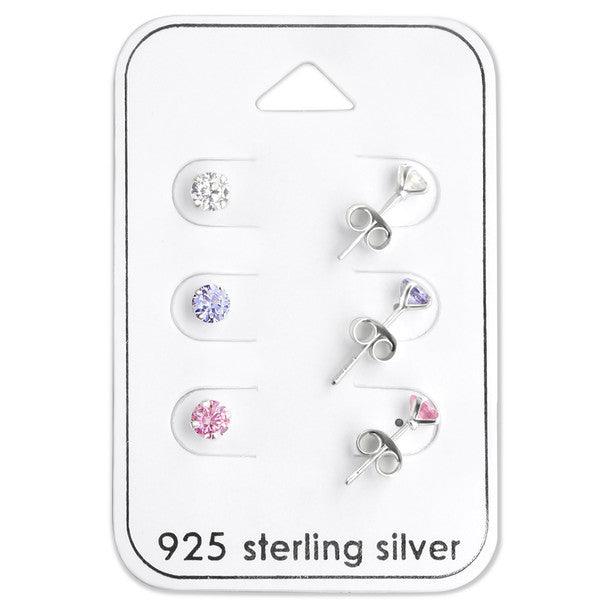 Sterling Silver 3 CZ Stud Earrings Baby Children Screw Back Earrings Gift Pack - Trendolla Jewelry