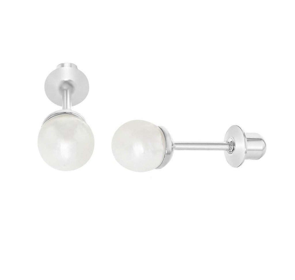 Sterling Silver 4mm White Pearl Safety Baby Children Screw Back Earrings - Trendolla Jewelry