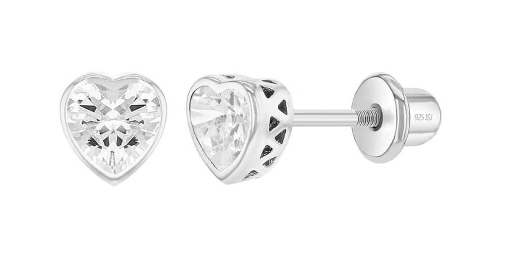 Sterling Silver Bezel Set  Ruby CZ Hearts Baby Children Screw Back Earrings - Trendolla Jewelry
