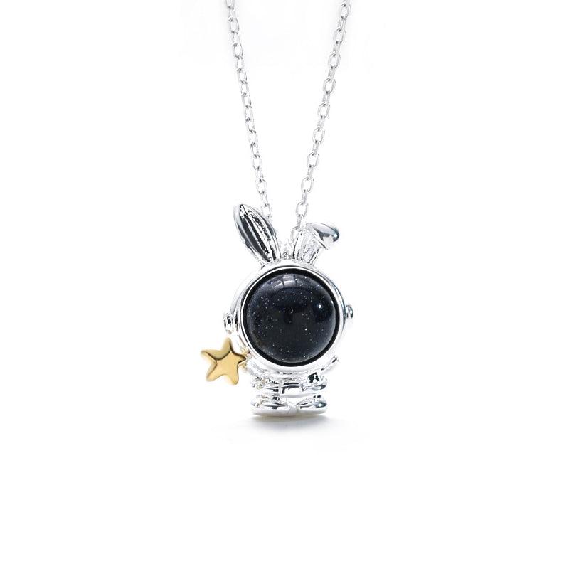 Sterling Silver Blue Sandstone Astronauts Moon and Star Pendant Necklace - Trendolla Jewelry