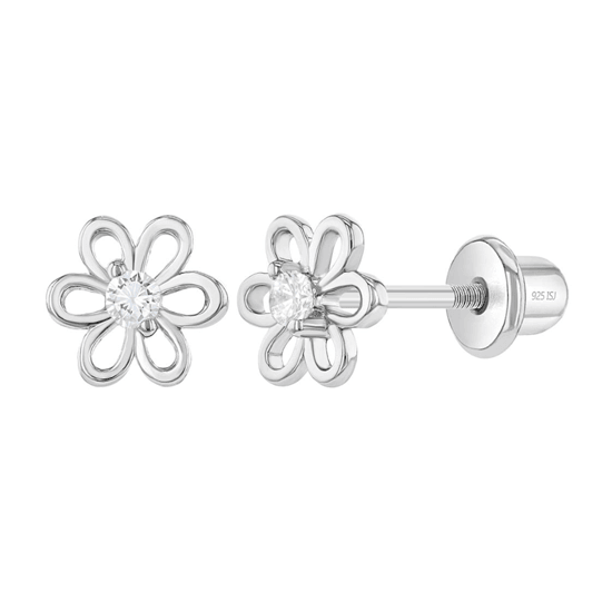 Sterling Silver Clear CZ Flower Baby Children Screw Back Earrings - Trendolla Jewelry