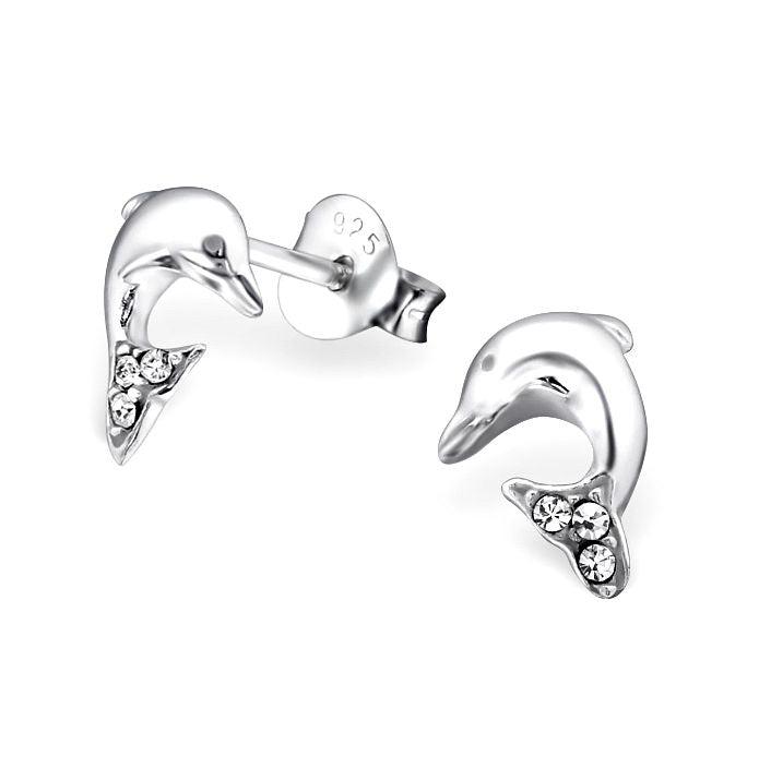 Sterling Silver Dolphins with Crystal Encrusted Tails Baby Children Earrings - Trendolla Jewelry