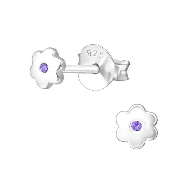 Sterling Silver Flower Baby Children Earrings with Central Amethyst CZ - February Birthstone - Trendolla Jewelry