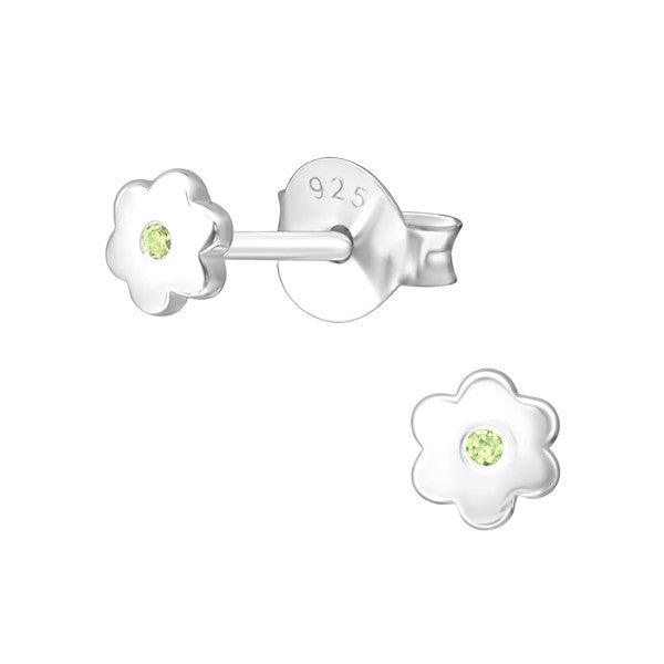 Sterling Silver Flower Baby Children Earrings  with Central Peridot CZ - August Birthstone - Trendolla Jewelry