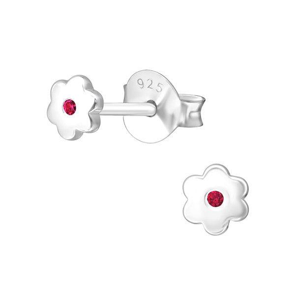 Sterling Silver Flower Baby Children Earrings with Central Ruby CZ - July Birthstone - Trendolla Jewelry