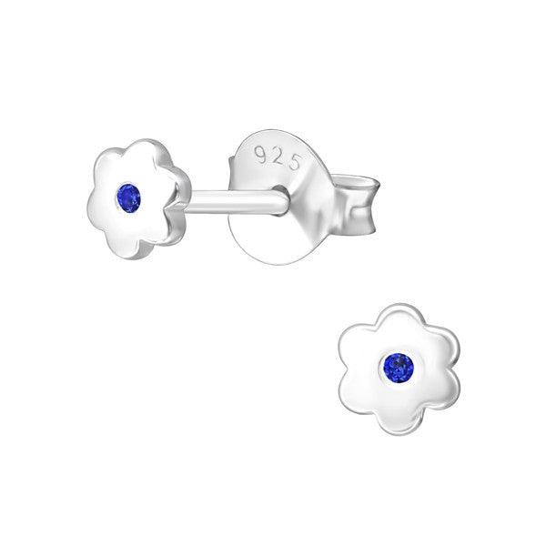 Sterling Silver Flower Baby Children Earrings with Central Sapphire CZ - September Birthstone - Trendolla Jewelry
