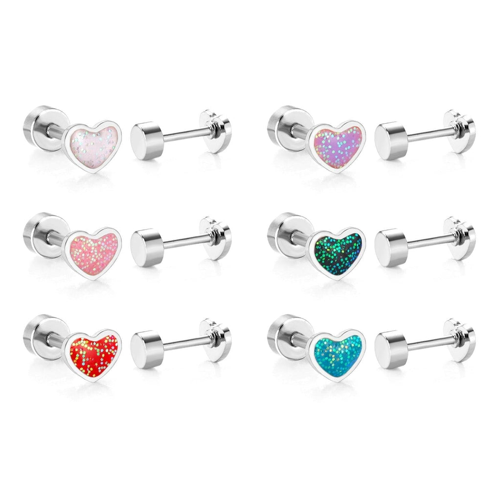 Sterling Silver Glitter Enamel Heart Baby Children Screw Back Earrings - Trendolla Jewelry