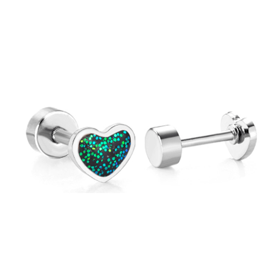 Sterling Silver Glitter Enamel Heart Baby Children Screw Back Earrings - Trendolla Jewelry