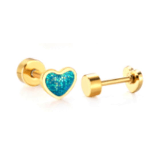 Sterling Silver Gold plated Glitter Enamel Heart Baby Children Screw Back Earrings - Trendolla Jewelry