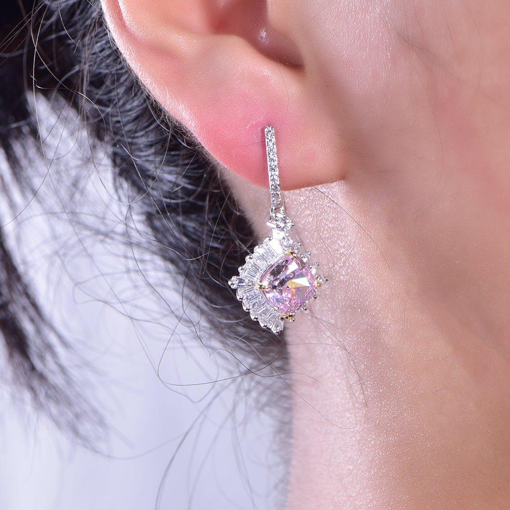 Sterling Silver Huggie Hoop Earrings with Charm Pink Cubic Zirconia Diamond - Trendolla Jewelry