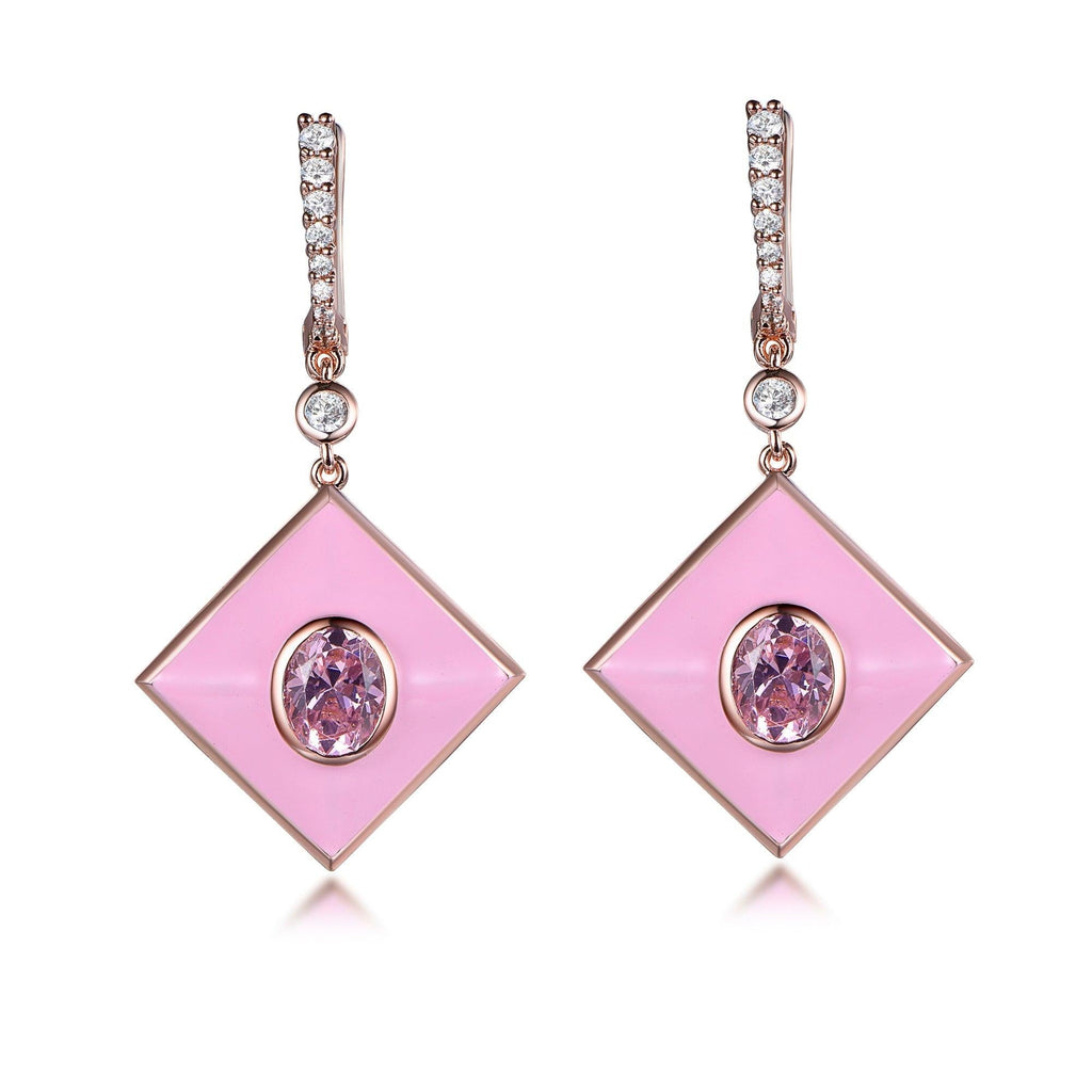 Sterling Silver Huggie Hoop Earrings with Charm Rose Quartz Square Cubic Zirconia Diamond - Trendolla Jewelry