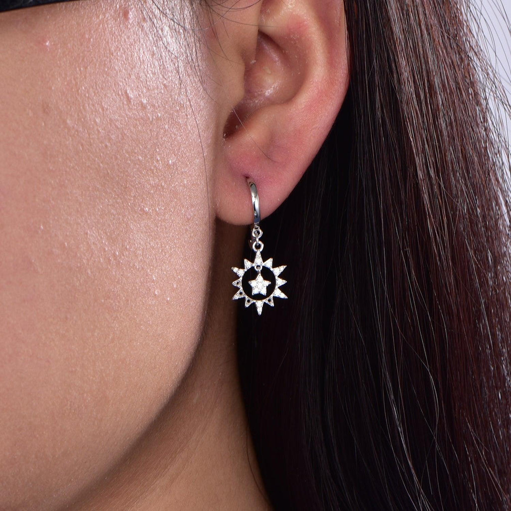 Sterling Silver Huggie Hoop Earrings with Charm Sun and Star - Trendolla Jewelry
