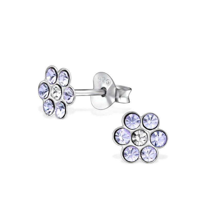 Sterling Silver Lavender White Crystal Flowers Baby Children Earrings - Trendolla Jewelry