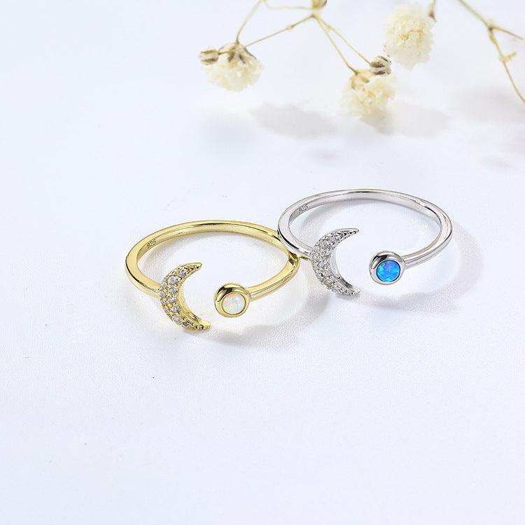 Sterling Silver Opal Crescent Moon and Star Ring Adjustable Moon Ring - Trendolla Jewelry