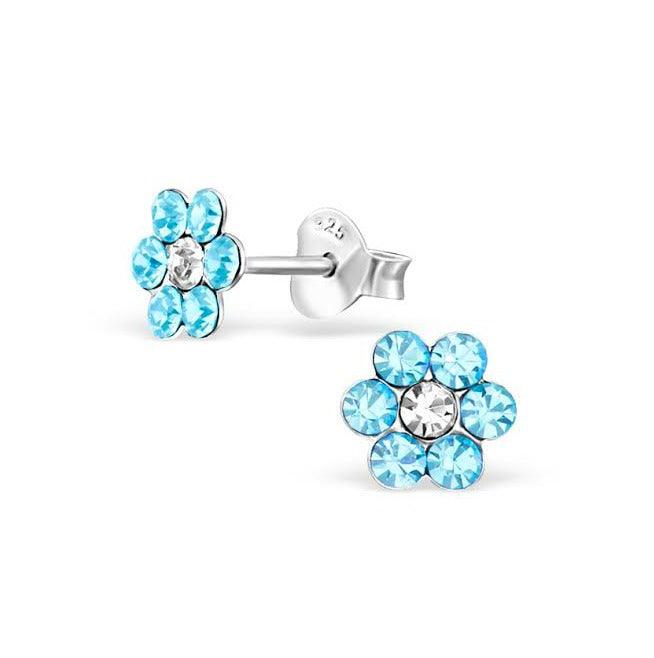 Sterling Silver Pale Blue Crystal Flowers Baby Children Earrings - Trendolla Jewelry