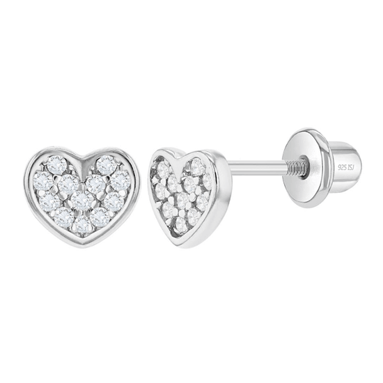 Sterling Silver Pave CZ Hearts Baby Children Screw Back Earrings - Trendolla Jewelry