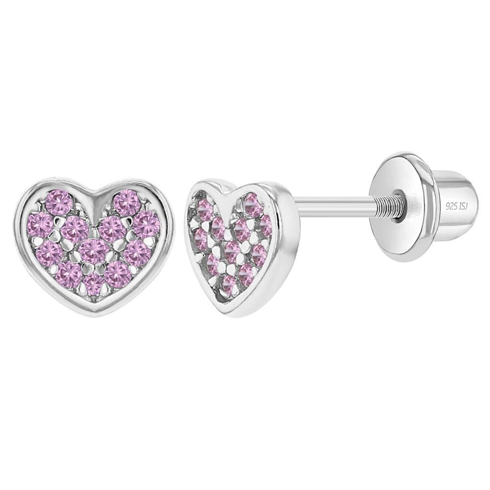 Sterling Silver Pave CZ Hearts Baby Children Screw Back Earrings - Trendolla Jewelry