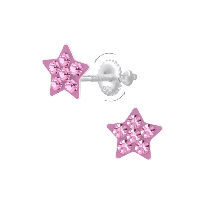 Sterling Silver Pink Crystal Star Baby Children Screw Back Earrings - Trendolla Jewelry