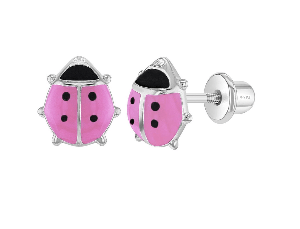 Sterling Silver Pink Enamelled Ladybugs Baby Children Screw Back Earrings - Trendolla Jewelry