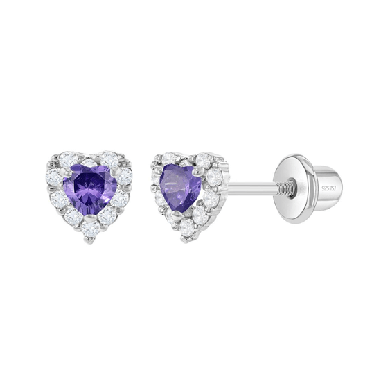 Sterling Silver Purple and White CZ Hearts Baby Children Screw Back Earrings - Trendolla Jewelry
