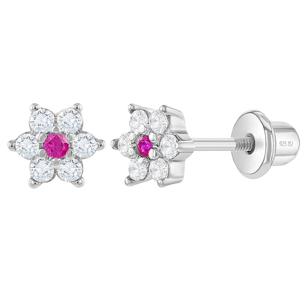 Sterling Silver Ruby Centre with White CZ Flowers Baby Children Screw Back Earrings - Trendolla Jewelry