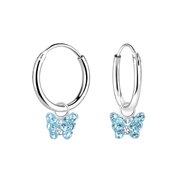Sterling Silver Sleepers Hoops with Tiny Blue Crystal Butterflies Baby Children Earrings - Trendolla Jewelry