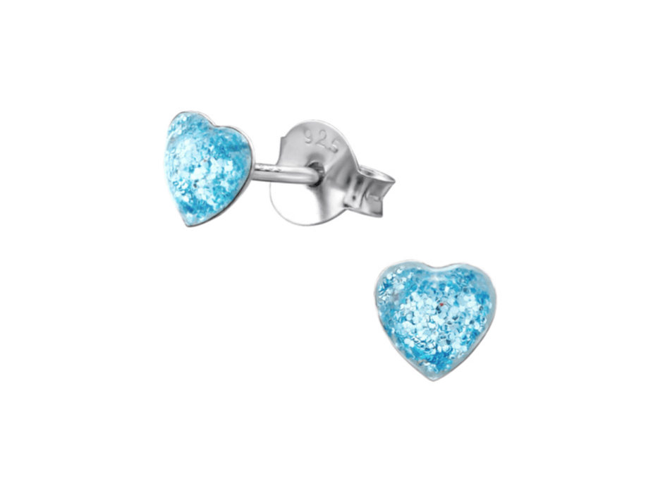 Sterling Silver Tiny Blue Glitter Hearts Baby Children Earrings - Trendolla Jewelry