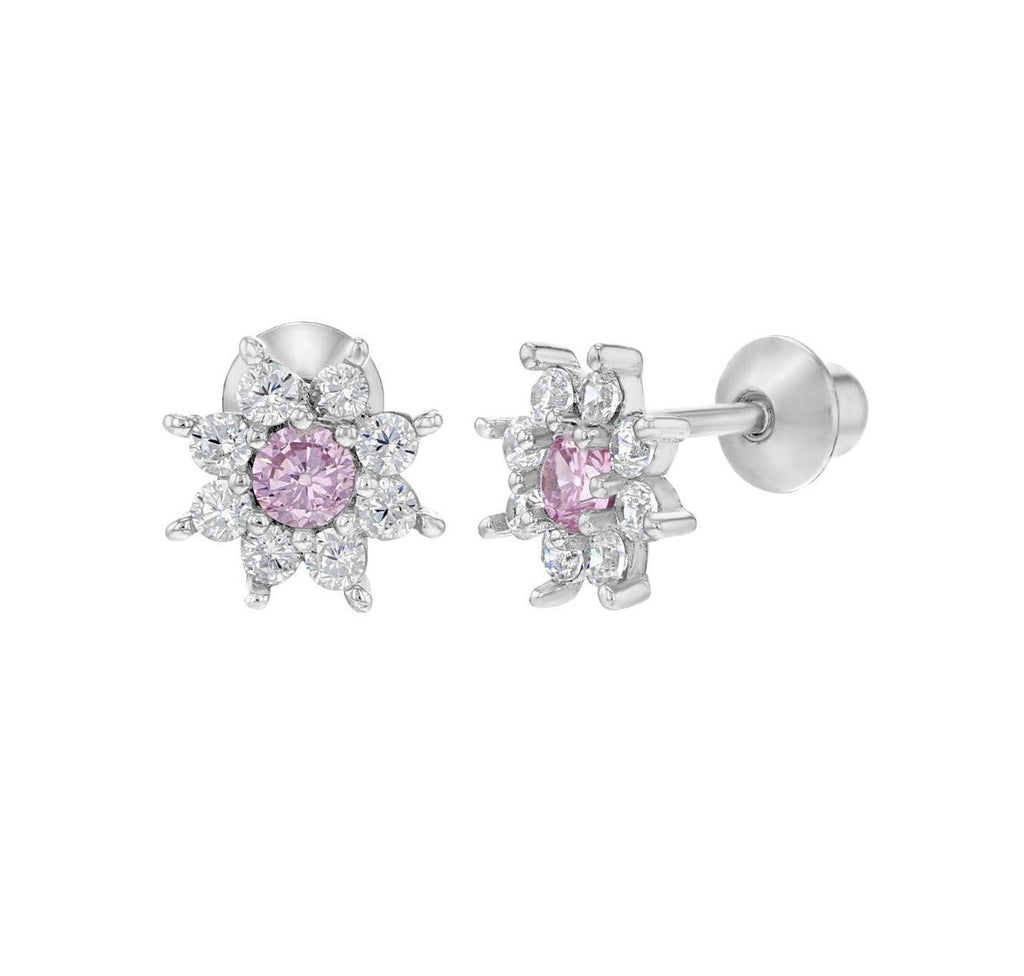 Sterling silver White Pink Flower Baby Children Screw Back Earrings - Trendolla Jewelry