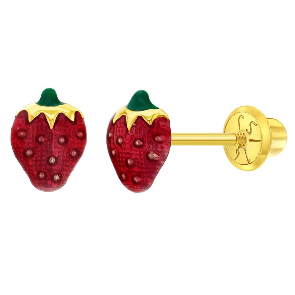 Summer Strawberry Baby / Toddler / Kids Earrings Safety Screw Back Enamel - 14k Gold Plated - Trendolla Jewelry