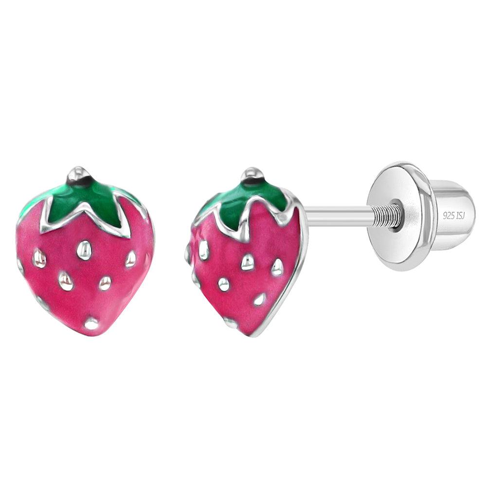 Summer Strawberry Baby / Toddler / Kids Earrings Screw Back Enamel - Sterling Silver - Trendolla Jewelry