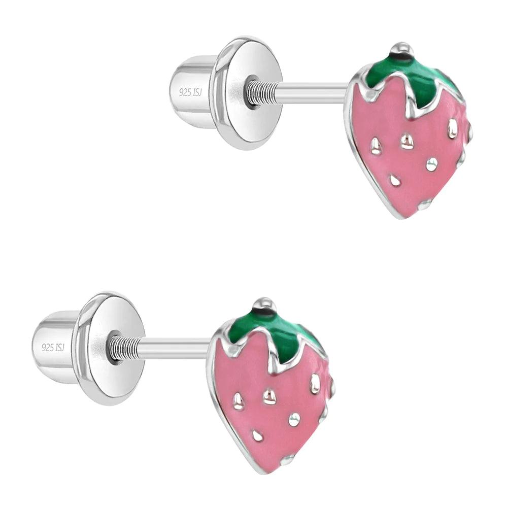 Summer Strawberry Baby / Toddler / Kids Earrings Screw Back Enamel - Sterling Silver - Trendolla Jewelry